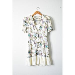 Byer Too! Floral Mini Dress Women 5 Cream 90s‎ Vintage Ruffle Pearl Button